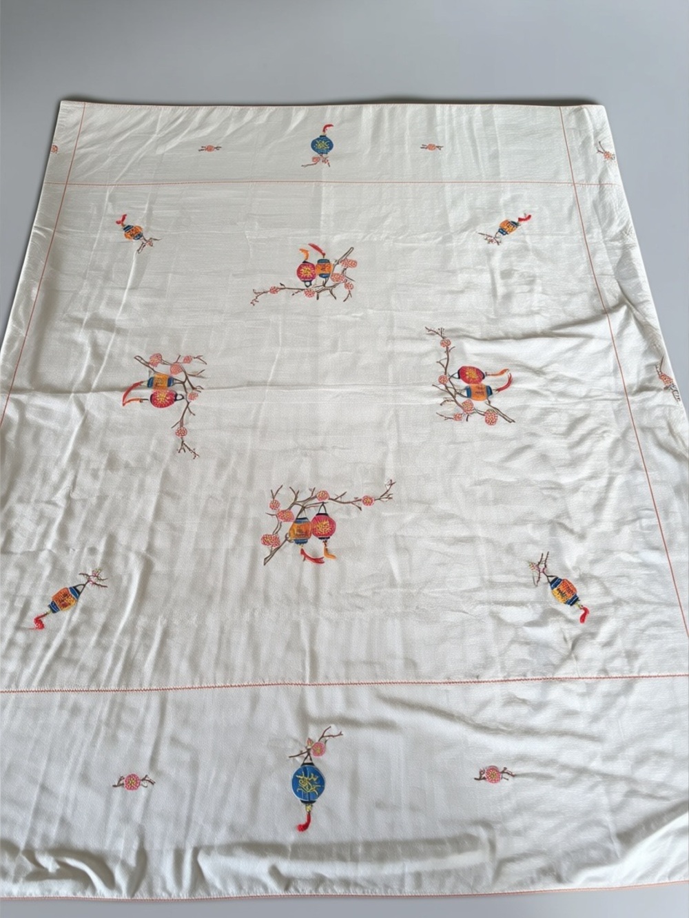 Vintage Asian Embroidered Tablecloth Lantern Cherry Blossom 52x28